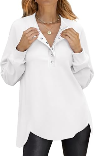 ANRABESS Women's Long Sleeve Henley Tops Tunic Sweatshirt Loose Slit Casual Button Shirts Pullover 2026 Spring Winter Outfits White Medium