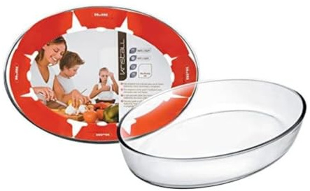 Fuente de vidrio ovalada 350x250x65mm ideal para servir y presentar alimentos en mesas y eventos.