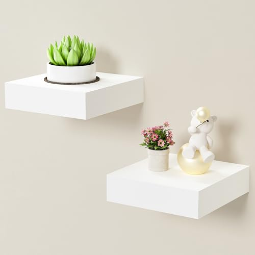 BAMEOS Piccoli ripiani galleggianti per parete, piccolo ripiano nero da 15 cm x 14,5 cm, barre espositive per piccola decorazione, mini ripiano da parete, bianco