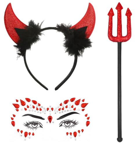 Sdhgerh Halloween Karneval Teufel Kostüm Damen Frauen Teufelshörner Haarreif Dreizack Tattoo Gesicht Set Teufel Kostüm Kinder Accessoires für Karneval Halloween Fasching Party Cosplay