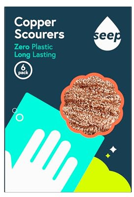 Seep Recyclable Wire Metal Copper Scourer Pads 6 Pack - Spiral 100% Copper Scourer - Long Lasting Pan Scourers For Cleaning - Heavy Duty Scrubber