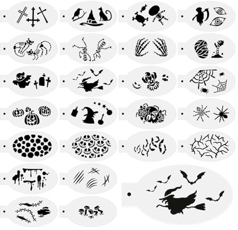 XINDY 22 Stück Halloween Schminke Schablonen Totenkopf Fledermaus Spinne Kürbis Gesichtsfarben Kinderschminken Tattoo Schablonen für Kinder Erwachsene Halloween Karneval Party Make Up