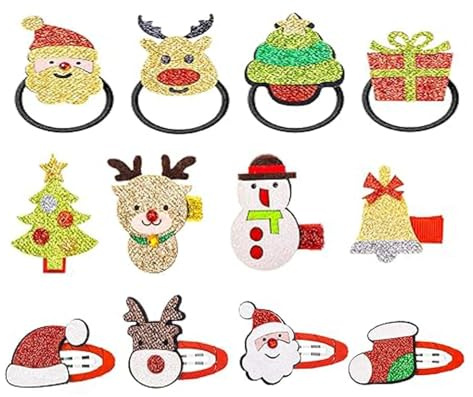 Weihnachten Haarschmuck, 12 Stück Haarspangen Mädchen Weihnachten, Glitter Weihnachts Haarspangen, Haargummis Karikatur Snap Haarklammern für Mädchen Kinder