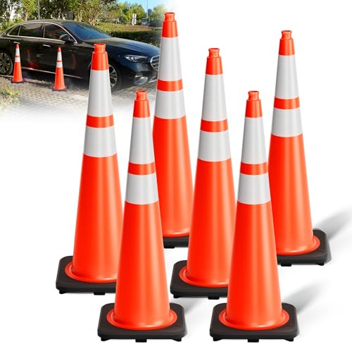 ELLUMIN Traffic Cones 36 Inch Safety Cones 6 Pack with Heavy Duty Black Base - Safety Cones with Reflective Collars for Driveway Road Safety, Traffic Control, Parking Lot (36inch, 6 Pack)