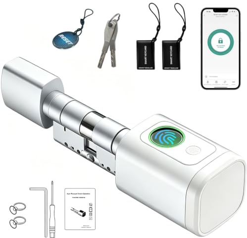 Türschloss Fingerabdruck, 5 en 1 Smart Türschloss mit Zahlencode RFID Schlüssel APP, Elektronisches Türöffner Haustürschloss, Verstellbarer Intelligenter Schließzylinder 60-90mm