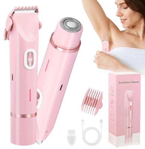 Rasoir Electrique Femme Rechargeable, Dual Head Tondeuse électrique 2 en 1, Sans douleur Tondeuse Intime pour Femme, Rasoir étanche pour Visage, Aisselles, Jambes, Utilisation Humide et Sèche