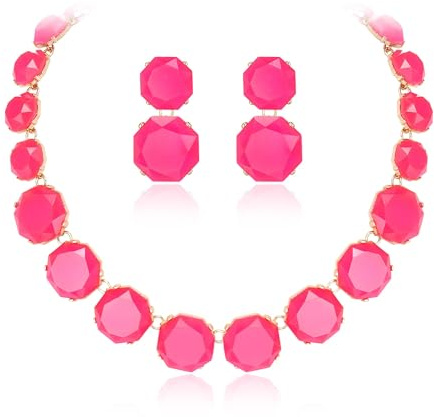 Ever Faith Bright Pink Statement Necklace Earrings Set, Round Rhinestone Crystal Boho Art Deco Costume Jewelry Set for Women Gold-Tone