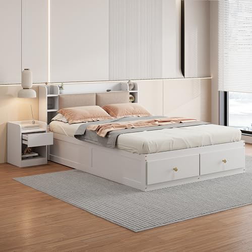 Massivholz-Kombi-Bett 140*200cm, Kopfteil mit eingebautem Staufach, mit Schubladen, mit Nachttisch, mit Stauraum-Langschrank, mit Sofabank, Stauraumbett Doppelbett Stauraumbett Tatamibett, weiß