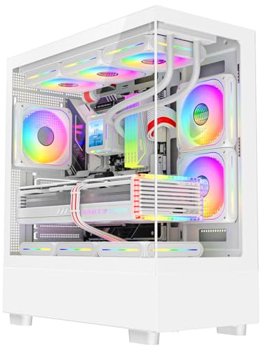 ASC TECHNOLOGY Gaming PC Computer Tower, i7, 8GB RAM, GT 1030 2GB, 256GB SSD + 1TB HDD, 500W 80+ PSU, White 9 Fan Glass RGB Case, WiFi, Windows 11 – High Performance Gaming Setup