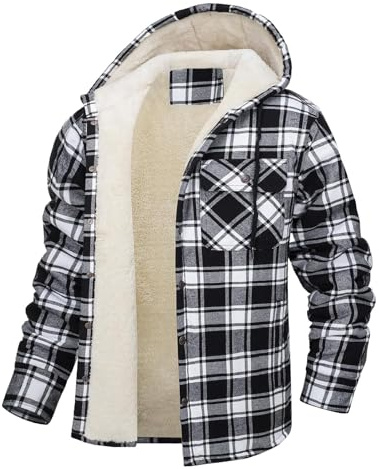 VDDTAGAM Chemise pour Homme Sherpa Polaire à Carreaux Doublée Veste à Capuche Doublure Manteau Veste d'hiver avec Poches Flanelle Chemise Hommes Carreaux Sweat Capuche (Black,L) VDD222