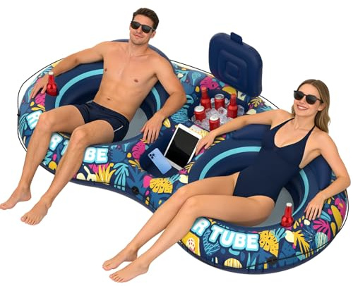 POVRYE Pool Floats Adult, 2 Person River Tubes Inflatable 5-in-1 Heavy Duty River Raft with Backrests Builtin Cooler 2 Cup Holders Floating Lounge for Lake Swimming Tanning Pool Toys Summer Relaxation