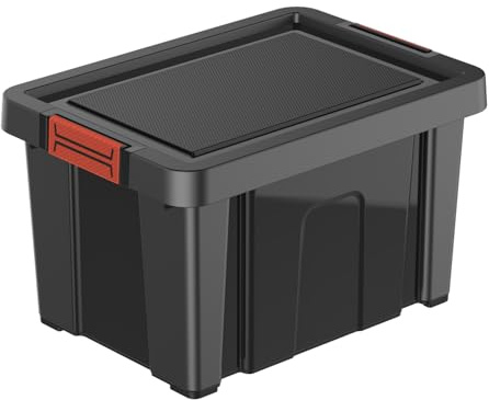 eacommerce | Box contenitore multiuso | Coperchio con clip soft touch, impilabile e sovrapponibile, resistente agli urti | Per garage, deposito, portagiochi (Nero, 20 Litri - 29,5x41x25 cm)