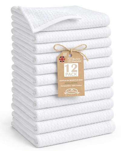 Dolshe 12 Pack White 100% Cotton Waffle & Terry Face Cloths 30 x 30 cm 420 GSM – Soft RingSpun Reversible Wash Cloths for Sensitive Skin Quick Dry Highly Absorbent
