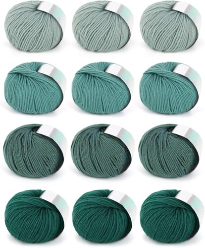 Coopay Merinowolle Garn zum Häkeln & Stricken, 12x50g Häkelwolle Garne - 98% Wolle 2% Baumwolle - Merino Häkelgarn Kit für Anfänger, Strickwolle für Schals, Decken, Schals, Mützen, Grün