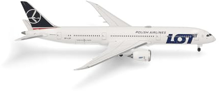 Herpa flygplansmodell LOT Polish Airlines Boeing 787-9 Dreamliner, miniatyr i skala 1:500, samlarobjekt, flygplansmodell utan ställ, metall