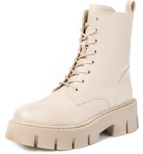 URBAN ROSA Anfibi Stivaletti Donna con Lacci Suola Spessa e Tacco Largo Antiscivolo 8256 (Beige, 38 EU, Adulto, 38, Numero, Sistema Taglie Calzature EU, Media)