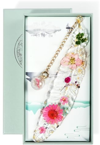 AUAUY Pressade blommor resin bokmärke med presentask, torkade blommor fjäder bokmärke med lysande glaspärlkedja, utsökta lästillbehör, bokälskarpresenter till kvinnor, lärare, studenter (rosa)
