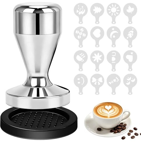 Ytwehela Espresso tamper 51 mm, kaffeamper i massivt rostfritt stål med silikonmatta och latte typ stenciler – professionellt baristaverktyg, kaffeälskare, kaffe-tamper