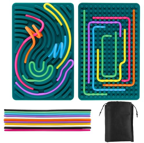 Sensory Activity Board Silicone Fidget Boards with 20 Silicone Strings | Storage Bag for Calming Anxiety Stress ADHD Autism Early Development Learning Plate Sensory for Plane Silent Travel Fidgets