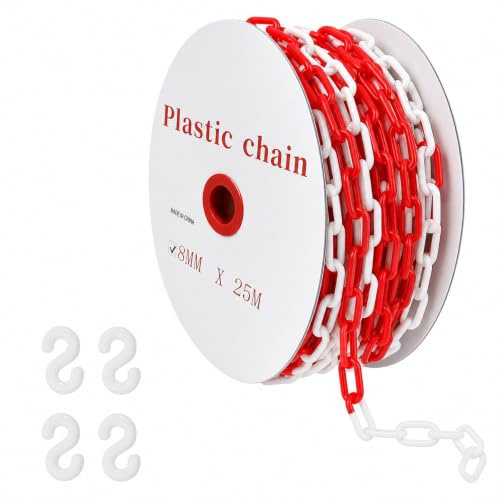 Cadena de seguridad de plástico rojo y blanco, 8 mm x 25 m, cadena de advertencia, cadena de plástico con 4 ganchos en S, cadenas de barrera para obras, aparcamientos, colas y cuidado de pedidos