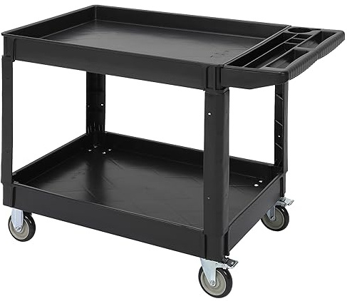 Heavy Duty 2 Tier Utility Rolling Cart with Tool Organizer, Lockable Wheels & Ergonomic Push Handle, 227kg(500 LBS) Capacity Service Trolley for Warehouse Garage Kitchen Office Workshop