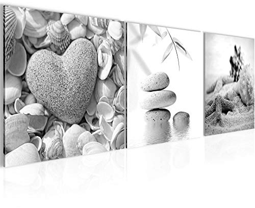 Runa Art Cuadro Decorativo Playa Piedras 3 Piezas Lienzo no Tejido Decoración para Sala 90 x 30 cm Corazón Negro Blanco 501634c