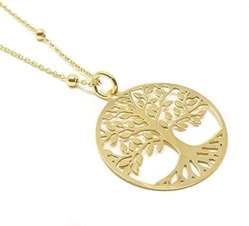 WANDA PLATA Collar Colgante Árbol de la Vida para Mujer Plata de Ley 925 con Baño de Oro, Gargantilla Dorada, Largo de la Cadena 40 centímetros Viene en Caja de Regalo.
