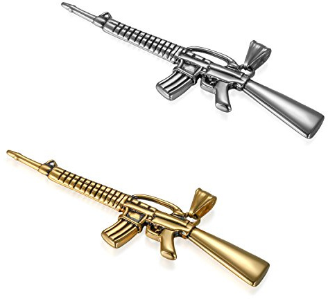 JewelryWe Schmuck Herren Halskette, Edelstahl Armee Gewehr Pistole Waffe Anhänger mit Weizenkette Gold Silber Schwarz