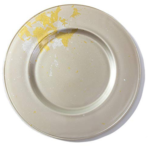 Syosaku Japanese Urushi Glass Charger Plate-L Φ13.9-inch Majestic White with Gold Leaf, Dishwasher Safe