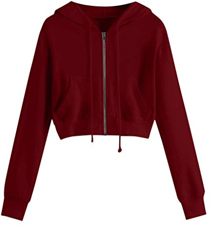 YEBIRAL Damen Sweatjacke, Teenager Mädchen Bauchfrei Kapuzenpullover Langarm Kurz Hoodie Sweatshirt Crop Pullover Tops Kapuzenjacke mit Kordel und Zip (Weinrot, S)