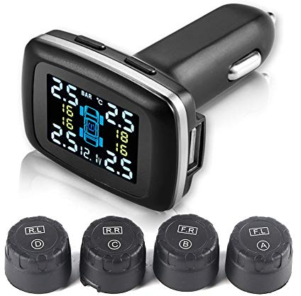 Terisass TPMS DC 12V Auto 433,92 MHz Reifendruckkontrollsystem Zigarettenanzünder-Display mit 4-TLG. Externen Sensoren Kit Universal C-100