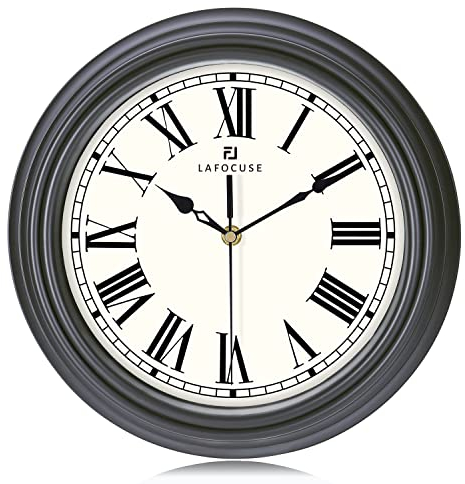 Lafocuse 12 Inch Silent Non Ticking Black Wall Clock Kitchen, Quartz Decorative Retro Roman Numerals Wall Clocks for Living Room Bedroom Office-Version 2.0