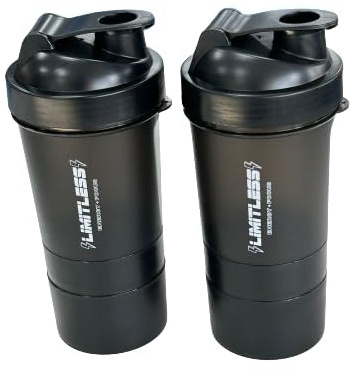 SHINE 2 PACK PROTEIN BOTTLE SHAKERS WITH TIGHT LIDS FOR SPORTS AND FITNESS with compartments (2 PACK, BLACK)