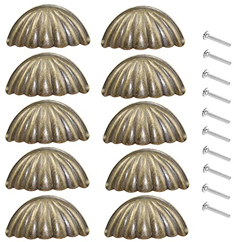 KanDery 10PCS Vintage Shell Cabinet Knobs, Retro Drawer Handles, Chic Carved Cupboard Half Moon Shape, Semicircle Furniture Door Handles, Green Bronze
