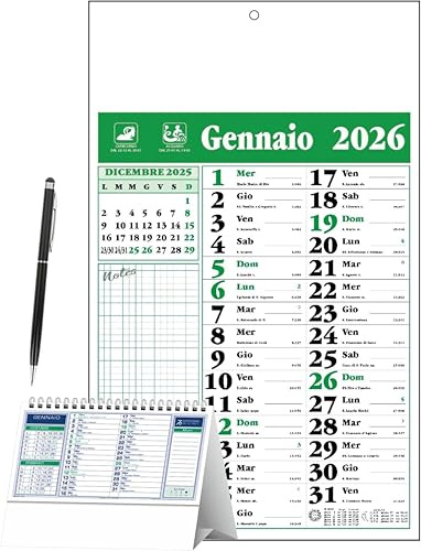 Calendario 2026 da Parete – Modello Olandese da Muro 28,8×47 cm con Campo Note – + OMAGGIO Calendario da Tavolo e Penna Touch Slim (Verde)