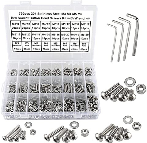 FandWay 720Pcs Bolts and Nuts Set,M3 M4 M5 M6 Button Head Machine Screws,ISO 7380 Allen Screws,304 Stainless Steel Hex Bolts and Washers Set Fully Threaded With 4 Allen Key.