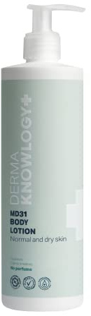 DermaKnowlogy | MD31 BODY LOTION | Normale & trockene Haut | Ohne Parfüm | Feuchtigkeitsspendend | Schnell einziehend | Allergiker Zertifiziert | Geeignet für Säuglinge, Kinder & Erwachsene | 400ML