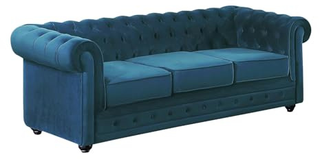 Vente-unique - Canapé 3 Places Chesterfield - Velours Bleu Canard