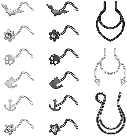 ZS 20G Korkenzieher Nasenringe Chirurgenstahl L-förmige Nasenstecker Fledermaus Totenkopf Nase Knochen Stud Nase Piercing Schmuck für Frauen, Edelstahl