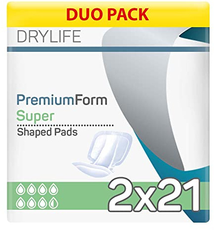 Drylife Premium Form Unisex Incontinence Shaped Pads | Dry Feel Technology, Anti-Leakage Cuffs, Odour Control & 100% Breathable Cotton Material - Super (2 Packs of 21)