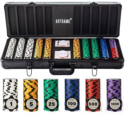 Artgame 14 Gramm Clay Poker Chip Set für Texas Hold'em, 500 Stück Casino Style Chips, mit K-Typ Aluminiumgehäuse und Händlerknöpfen.