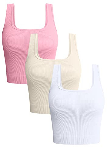 OQQ Damen 3-teiliges Tank-Top Gerippt Nahtlos Workout-Shirts Yoga Bauchfreies Top
