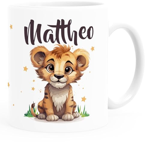 SpecialMe® Kinder-Tasse Keramik Aufdruck Kleiner Baby Löwe mit Name personalisierte Geschenke Jungen Mädchen Weiss standard