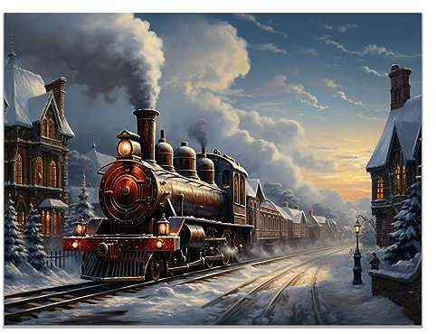 SHYAMIC Bilder Weihnachten Leinwandbild Kunstdruck, Brauner Winter-Retro-Zug Wandbild X-Mas Fenster Fotodruck Kunstdruck Leuchtbild, Weihnachten Winteridylle Effekt - 40x60cm Ungerahmt