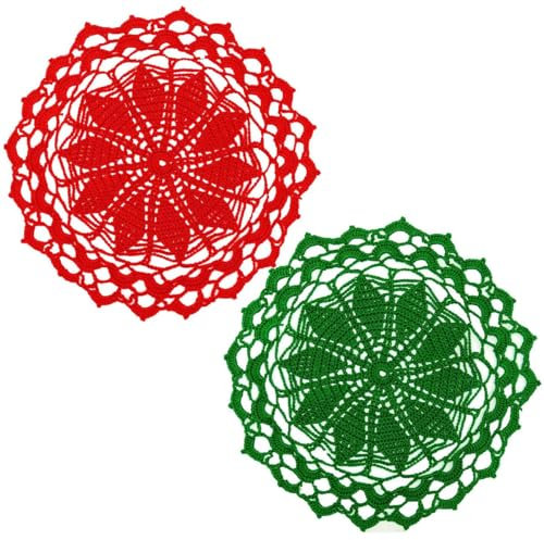 BOMHCS 2 Stück 27,4 cm bis 30 cm Spitzen-Deckchen gewellter Rand runde Blumen-Tischsets Esszimmer Tischdecke handgefertigte Häkeldeckchen (Rotgrün, 2)