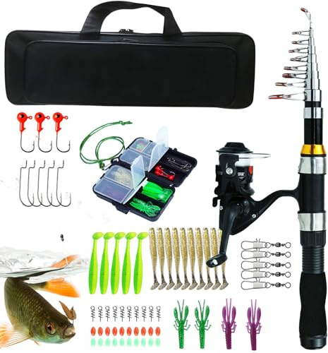 TILEZE Combo Angelrute und Angelrolle, tragbar, mit Tasche – Spinnrute und Rolle für Angelbegeisterte, Angelset für Erwachsene, die in Salzwasser und Süßwasser reisen