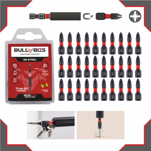 30x Bull Bits 25mm PZ1 Impact Screwdriver Bits Set – Pozi Pozidriv, Shock Zone, S2 Steel, Torsion Zone with Magnetic Bit Holder