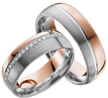 JC Trauringe I Eheringe breit 6,5 mm I Partnerringe mit Gravur in edler Schatulle I 333 Gold Paarpreis Bicolor Rotgold und Weißgold 2 Hochzeitsringe Damenring mit Steine I LC104