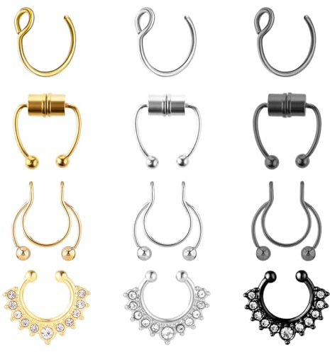 Yolev 12 Pcs Nose Rings - For Women, Non-Piercing, septum, lip, & helix