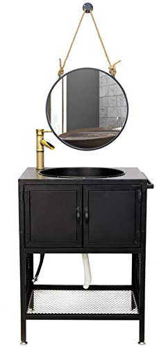 SmPinnaA Set Di Mobili Per Lavabo Da Bagno, Mobiletto Con Lavabo Lavabo Da Bagno In Ferro Battuto In Stile Industriale Da Appoggio Con Rubinetto E Specchio, Nero, 60 X 45 X 80 Cm